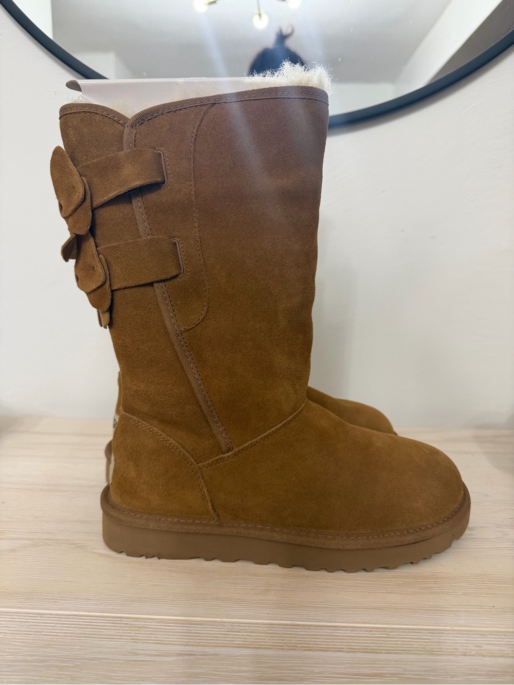 UGG Chestnut Suede Mid-Calf Shearling Boots with Side Bows